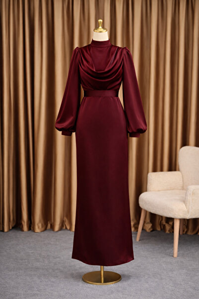 modasusev Elegant Draped Satin Long Hijab Evening Dress