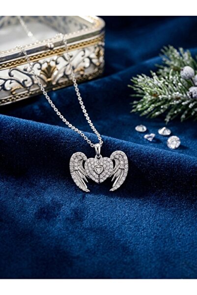 Meneva Aksesuar Pop-Up Silver Color Heart Steel Necklace with Angel Wing Design