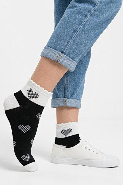 mrm pro Women's Black and White Heart Patterned Ankle Socks with Ruffles, Pac...