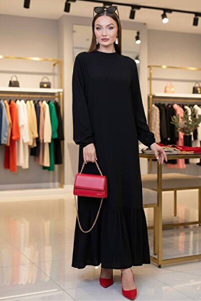 Polologin Butik Crew Neck Ruched Maxi Length Black Dress - Ruffled Skirt Detail