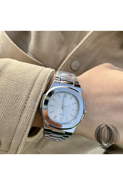 QUARTZ Köşeli Çelik Kasa Mineral Cam Beyaz Kadran Metal Kordon 3 ATM Suya Day...