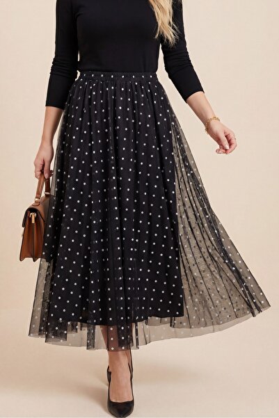 Modamorfo Elastic Waistband Polka Dot Pack Lined Tulle Skirts -K. Coffee