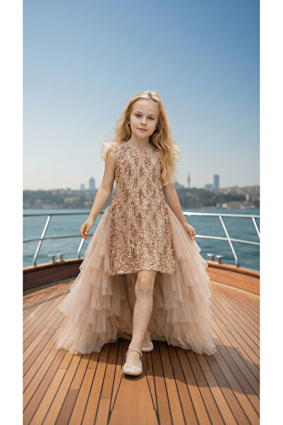 Lindissima Payetli Kız Çocuk Abiye Elbise, Çıkarılabilir Tül Kuyruklu Özel Gü...