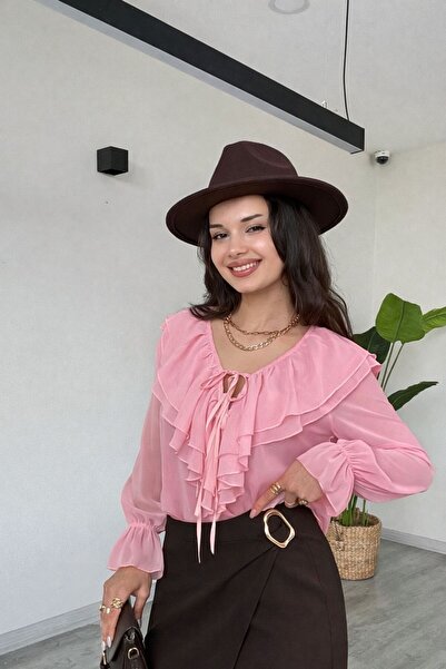 modadagiyim Women's Pink Shirred and Sleeve Detail Ruffles Tie-Detail Chiffon...