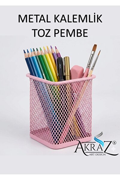 Akraz Art Design MASA ÜSTÜ METAL TEKLİ KALEMLİK TOZ PEMBE (kare)