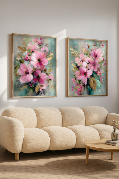 STARYUNA Wooden Framed Pink Flower and Gold Detailed Double Painting Set Yuna597