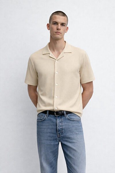 DAMGA JEANS Men's Short Sleeve Stretchy Cream Loose Shirt