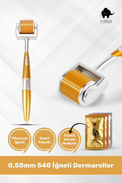 ELAMOUR - ديرمارولر أصلي بإبر التيتانيوم - 540 إبرة بطول 0.50 مم للعناية بالش...