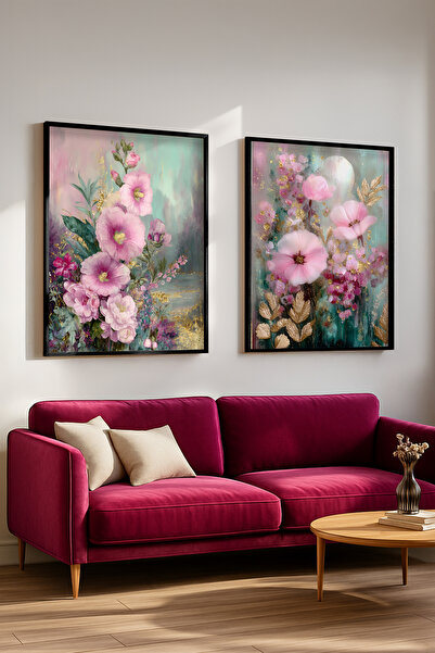 STARYUNA Black Wooden Framed Pink Floral Bohemian Double Painting Set Yuna598