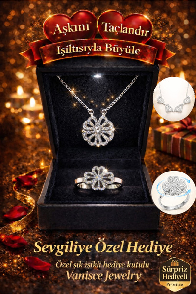 VANİSCE Işıklı Kutuda Dönen Yonca Ayarlanabilir Stres Yüzüğü Yonca Kalp Çelik...