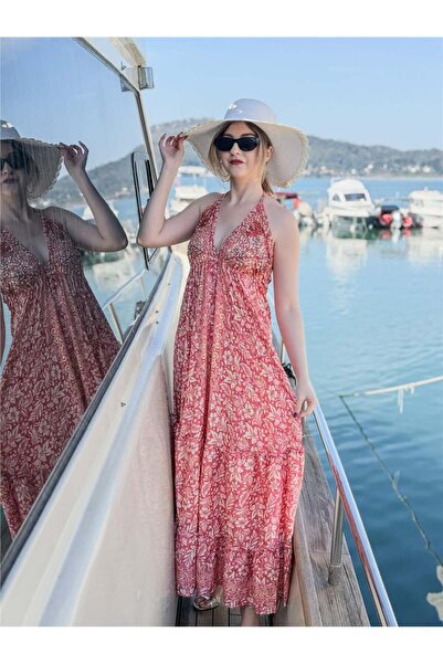 Miss Boheme Pembe Renk Taş Ve Pul işlemeli Boyundan Bağlamalı Sırtı Açık İpek...