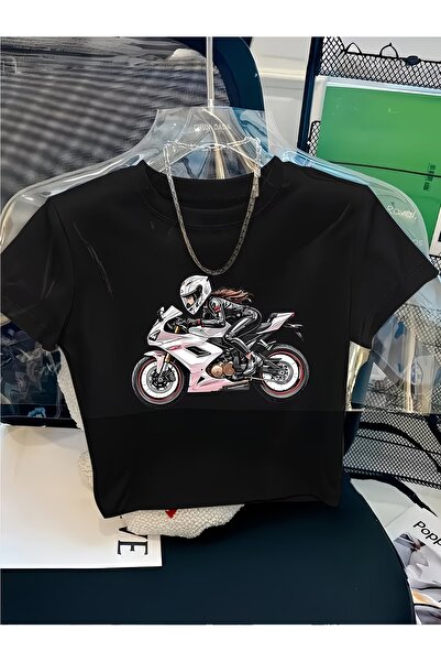 darkopia Women's Biker Girl Sitting on a Bike Crew Neck Baby Tee Combed Cotto...