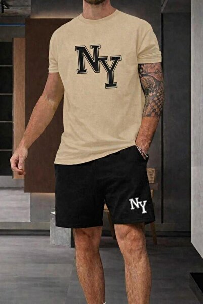 zeag Men's Large Bi̇ti̇şi̇k Ny Printed Shorts T-Shirt Set