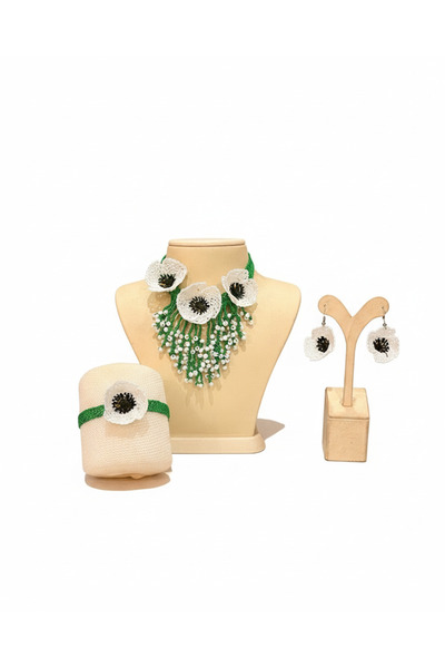 Taşhan Çarşı Tığ Oyası Boncuklu Beyaz Gelincik Çiçekli Takı Seti - Kolye, Bil...