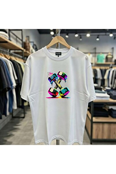 playwear Πολύχρωμο μπλουζάκι με στάμπα αλτήρων, 100% βαμβακερό, oversized, χα...