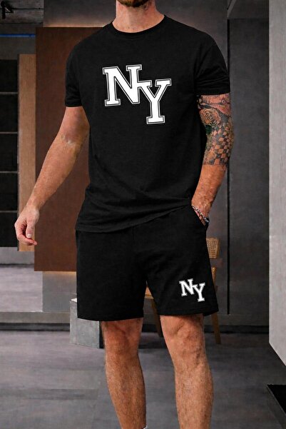 zeag Men's Large Bi̇ti̇şi̇k Ny Printed Shorts T-Shirt Set
