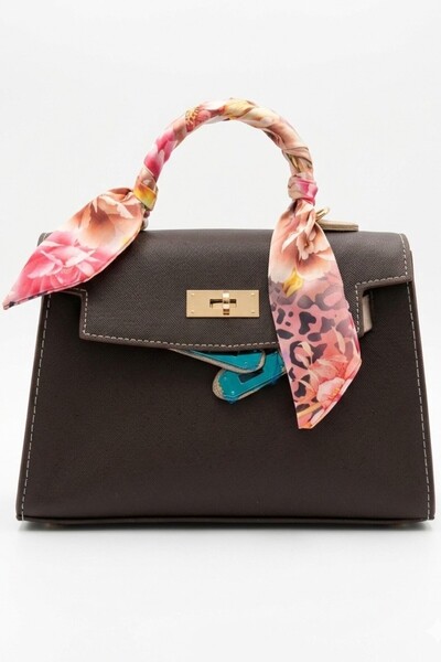 VELLABAGS Women's Brown Handbag and Shoulder Bag Floral Print Scarf Detailed ...