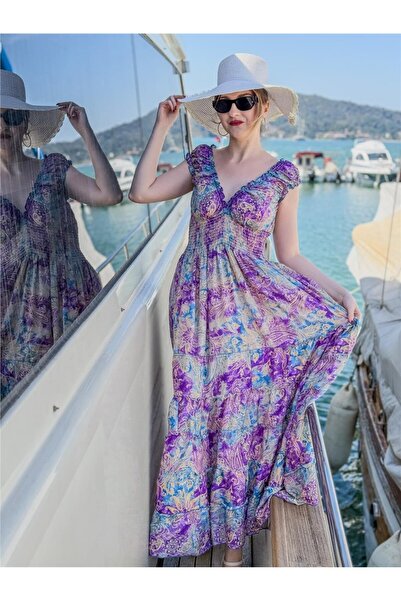 Miss Boheme Mor Renk Gold Detaylı Madonna Yaka Kısa Kollu İpek Elbise