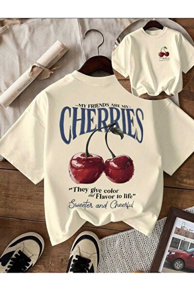CES.İZ Women's Ecru Cherry Printed 24/1 Tok Cotton Oversized T-Shirt