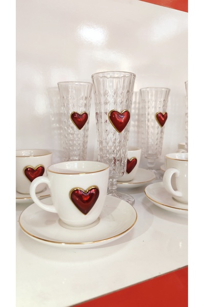 FTH DİZAYN Butterfly Collection 6-Person Heart-Shaped Cup and Coffee Side Wat...