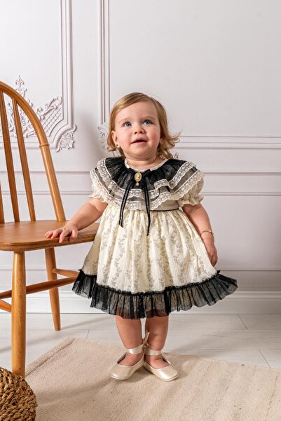 NoyNoy Baby Çaren Kids-Kız Bebek Broşlu Dantel Geçişli Boydan Astarlı Kısa Ko...