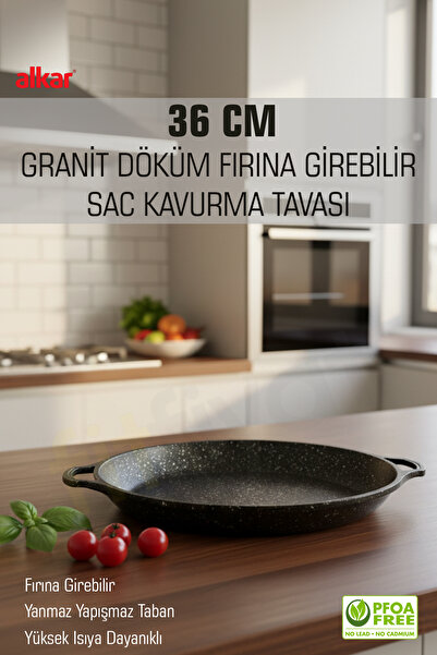 Saatistan Büyük Boy Döküm Granit 36 CM Sac Kavurma Tavası, Fırın ve Ocak Uyumlu