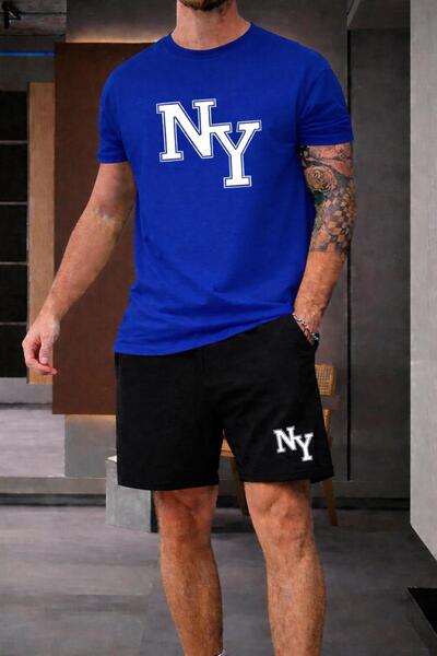zeag Men's Large Bi̇ti̇şi̇k Ny Printed Shorts T-Shirt Set