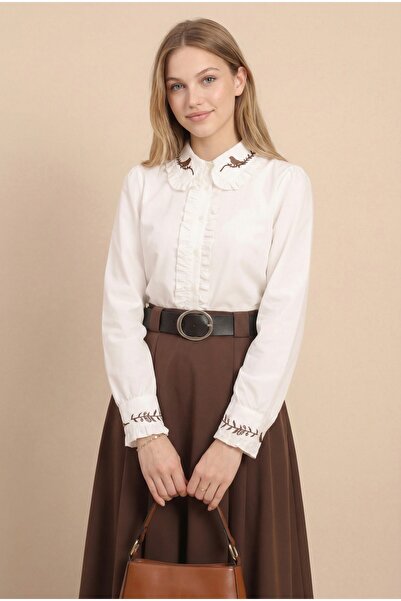 NEFESSE Önü Fırfırlı Yakası Ve Kolu Kuş Nakışlı Poplin Gömlek -Beyaz