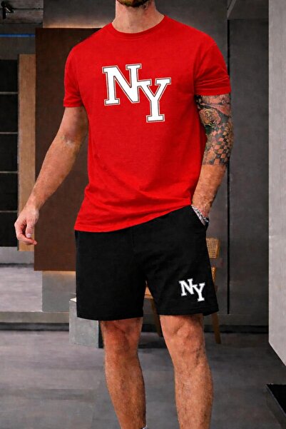 zeag Men's Large Bi̇ti̇şi̇k Ny Printed Shorts T-Shirt Set