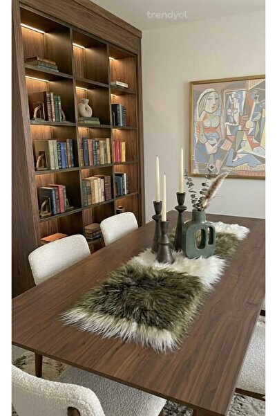 KNC EXCLUSİVE CLASSİC Cream and Green Fur-Trimmed Plush Tablecloth Stylish De...