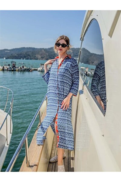 Miss Boheme فستان قميص طويل بلون أزرق من Positano İkat D منقوش بتصميم Two Ya ...