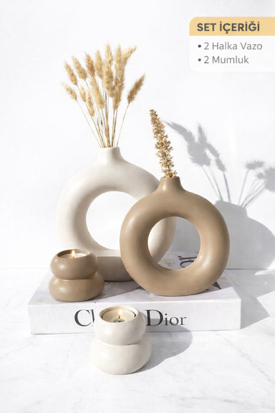 MorVilla Halka Vazo Mumluk Set Minimalist Pampas Dekoratif Salon Masa Dekoru