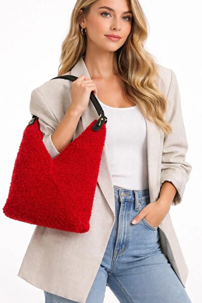 lunera Handmade Red Plush Hobo Bag Soft-Textured Shoulder Bag Daily Women's B...