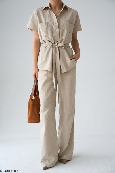 Miss Beyoğlu Women's Front Pocketed Belted Linen Set