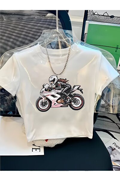 darkopia Women's Biker Girl Sitting on a Bike Crew Neck Baby Tee Combed Cotto...