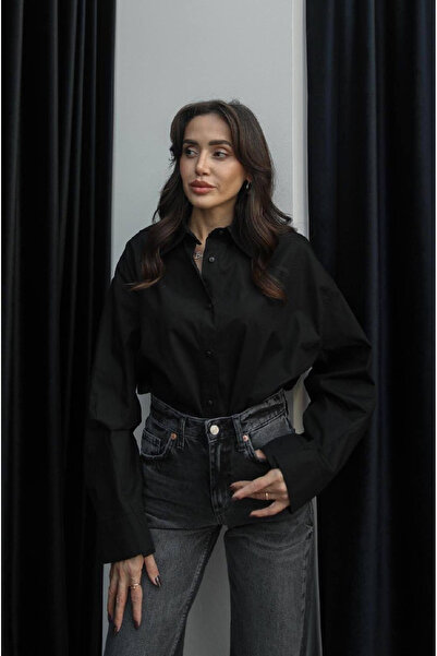 fera butik قميص نسائي أسود عصري كبير الحجم ذو ياقة مطوية وأزرار، قميص أنيق لل...