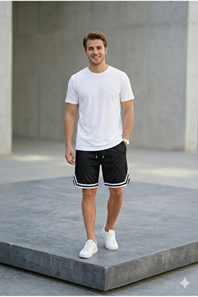 LiyAdaCo Unisex Men's Summer Shorts with Elastic Waist and Black Stripes