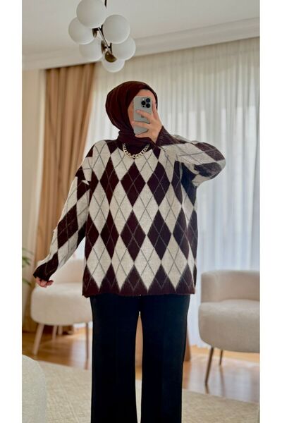 Byedadesign Oversize Baklava desen kazak KAHVERENGİ