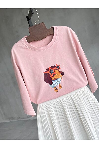 Betül Nayir Dog with Glasses Printed Stone Washed Oversized Woven T-Shirt