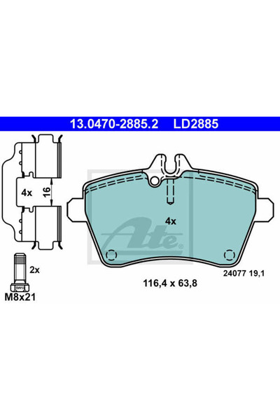 Ate Σετ τακάκια φρένων, δισκόφρενο 13.0470-2885.2