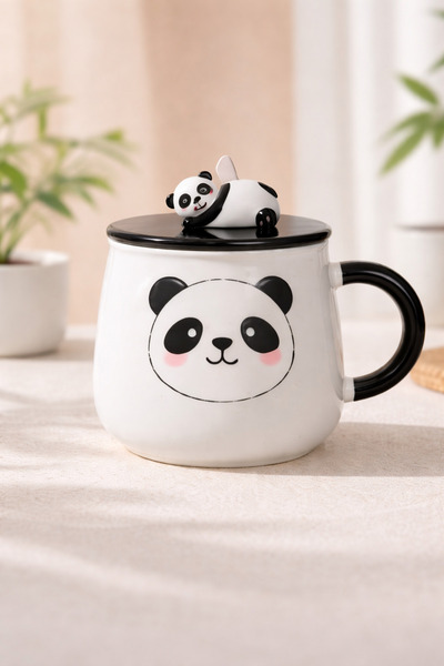 hediyeconcepti Cute Panda Ceramic Mug with Lid 500 ml – Mug with Lid Featurin...