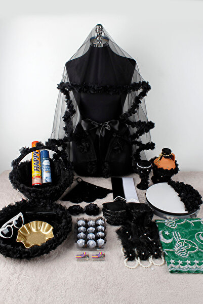 Mortex Siyah Bol Çiçekli Lüks Kına Gecesi Seti | Gelin Damat Duvak ve Kına Ma...