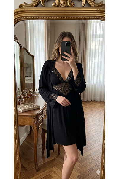 Luma Decor Women's Lace Stylish Nightgown with Detailed Dressing Gown