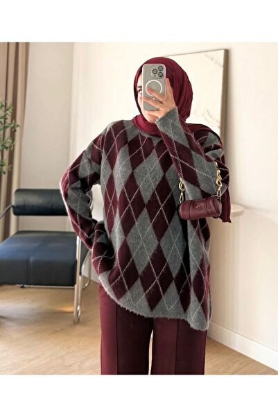 Byedadesign Oversize Baklava desen kazak BORDO
