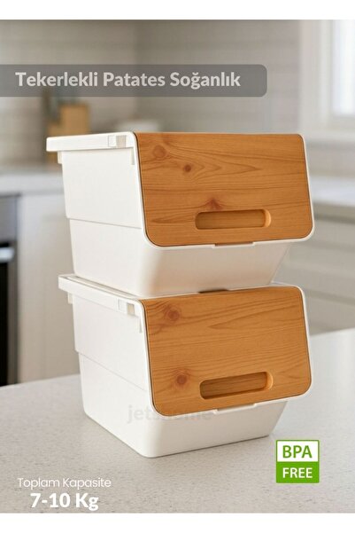 Saatistan 2’li Bambu Beyaz Tekerlekli Patates ve Soğanlık Sepeti