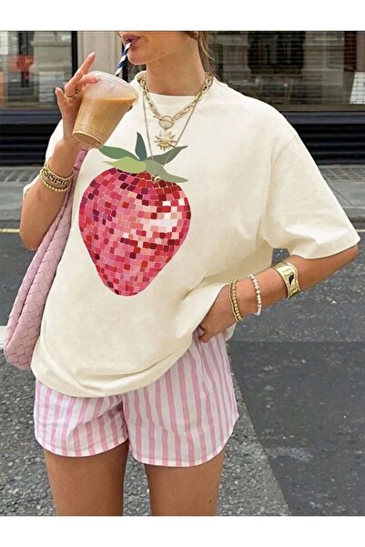 Violon Disco Strawberry Mozaik Strawberry Printed White T-Shirt