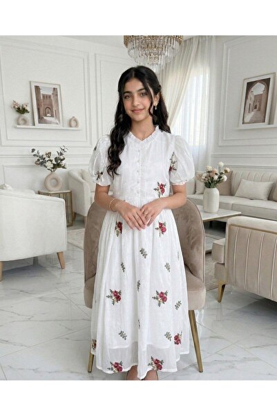 alqarat "Spring Bloom" White Puff-Sleeve Midi Dress