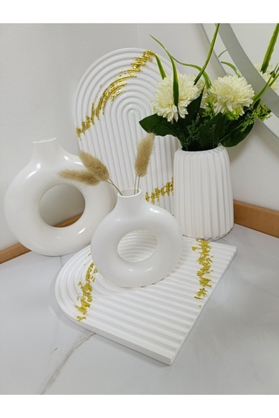 Maryam Decore Modern White Vase Set with Gold Leaf Trays – 3 vases + 2 trys o...