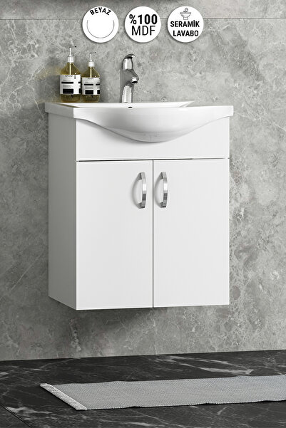 ÖZCEDEN Yıldız 50 cm Beyaz MDF Seramik Lavabolu Asma Alt Banyo Dolabı
