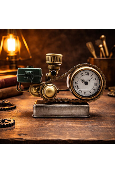 hediyeconcepti Retro Endüstriyel Motor Tasarımlı Metal Masa Saati – Zincir De...